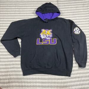 LSU Tigers Blue 84 Black Pullover Hoodie with SEC Sleeve Patch Sz L Preowned